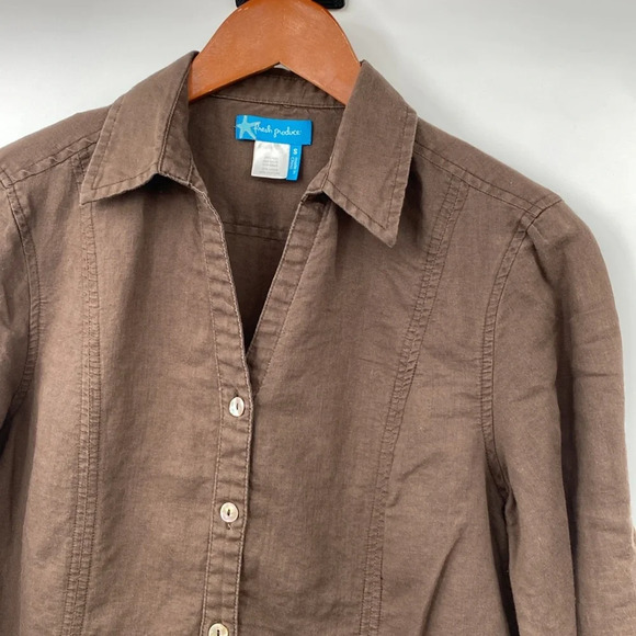 Fresh Produce Top Women’s size Small Brown Linen Button Up Tabbed 3/4 Sleeve - Picture 5 of 10